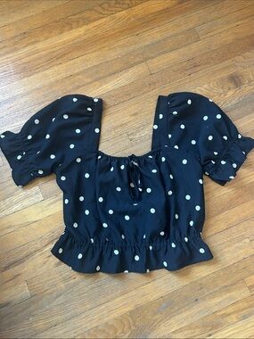 H&M Black Crop Top with Cream Polka Dots